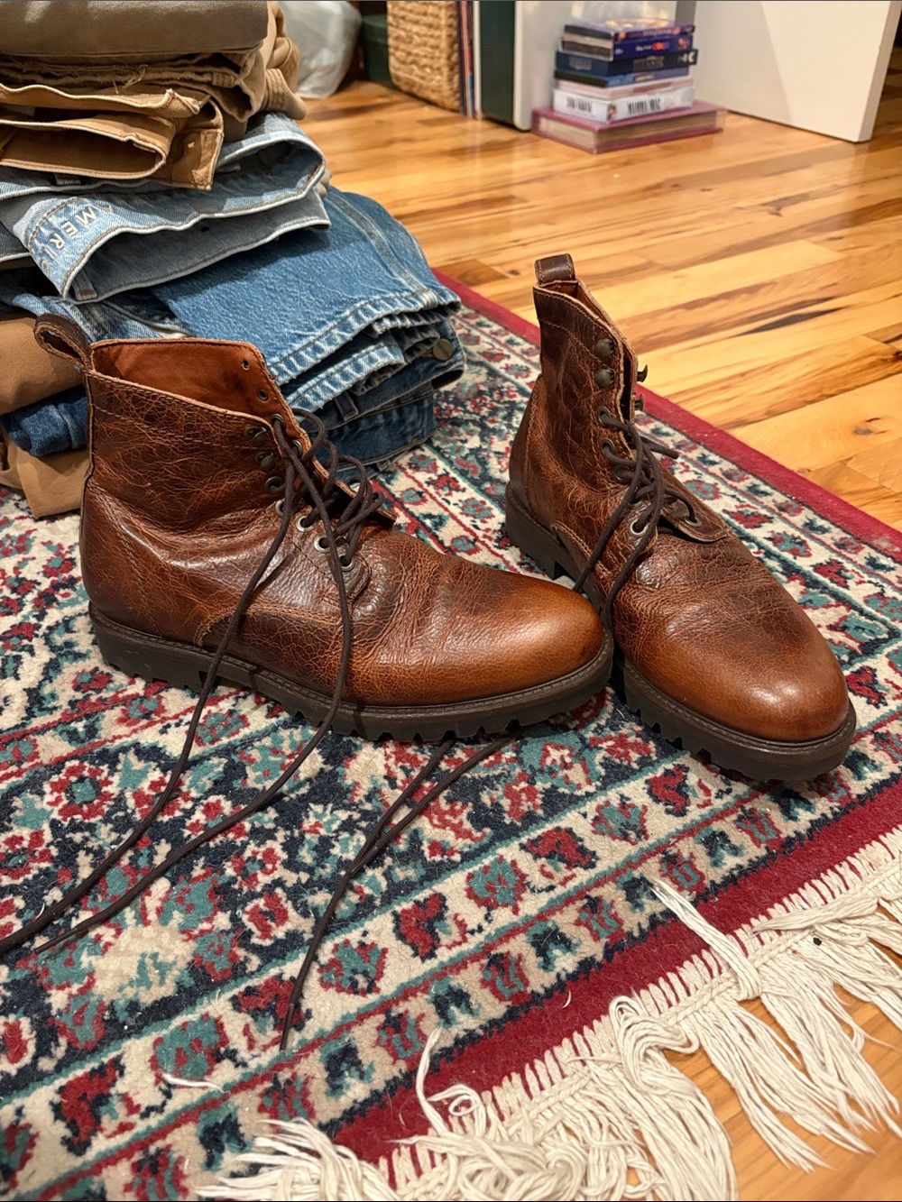 Men's Brown Leather Lace-Up Work Boots Patina - Picture 1 of 5